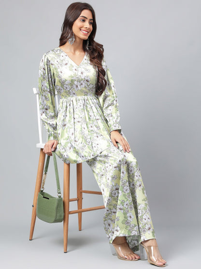 Janasya Women's Sage Green Satin Digital Floral Printed Flared Party Top Set