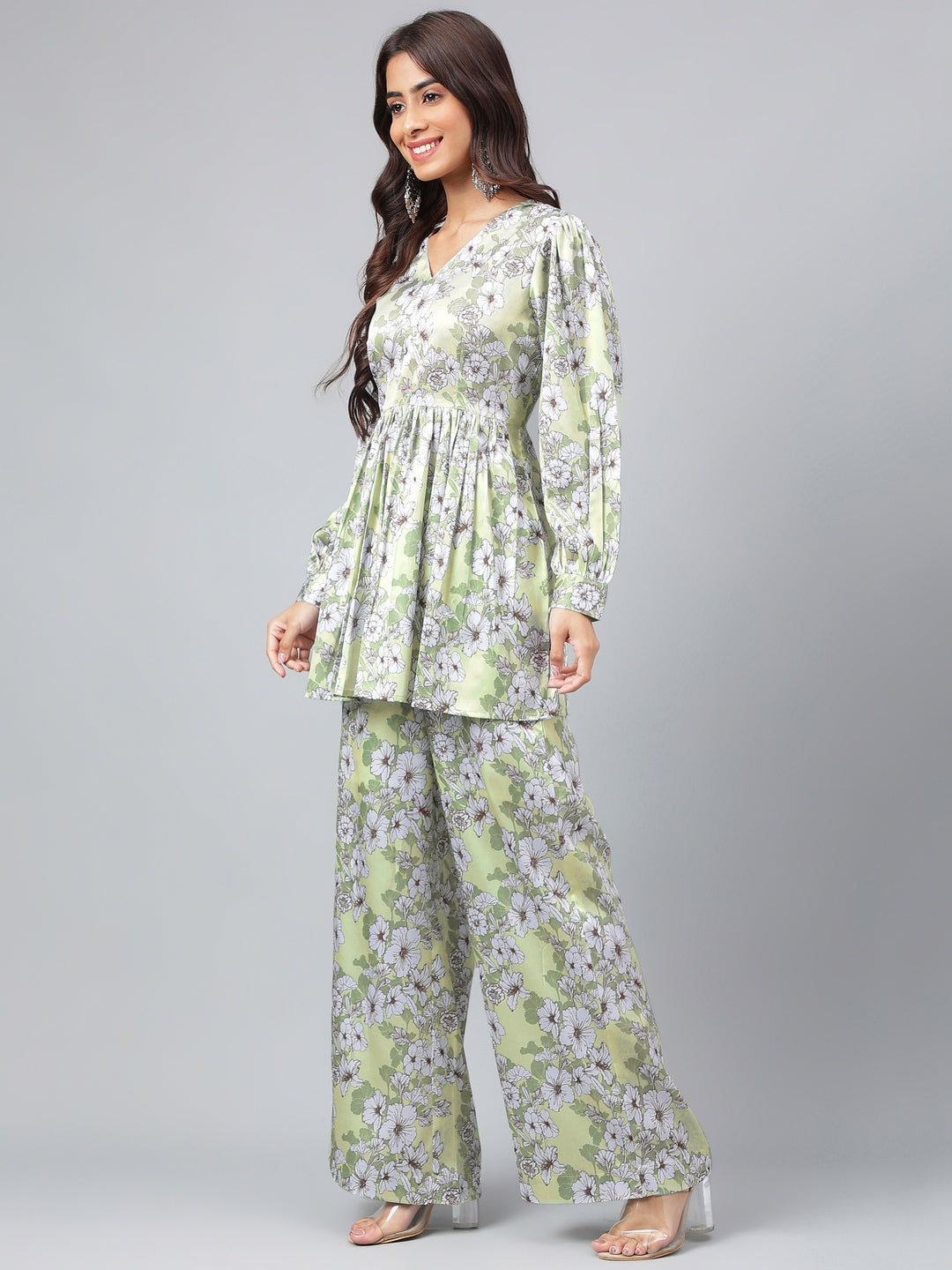 Janasya Women's Sage Green Satin Digital Floral Printed Flared Party Top Set