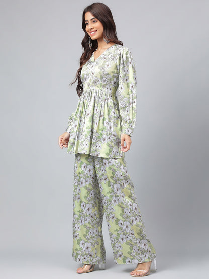 Janasya Women's Sage Green Satin Digital Floral Printed Flared Party Top Set