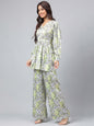 Janasya Women's Sage Green Satin Digital Floral Printed Flared Party Top Set