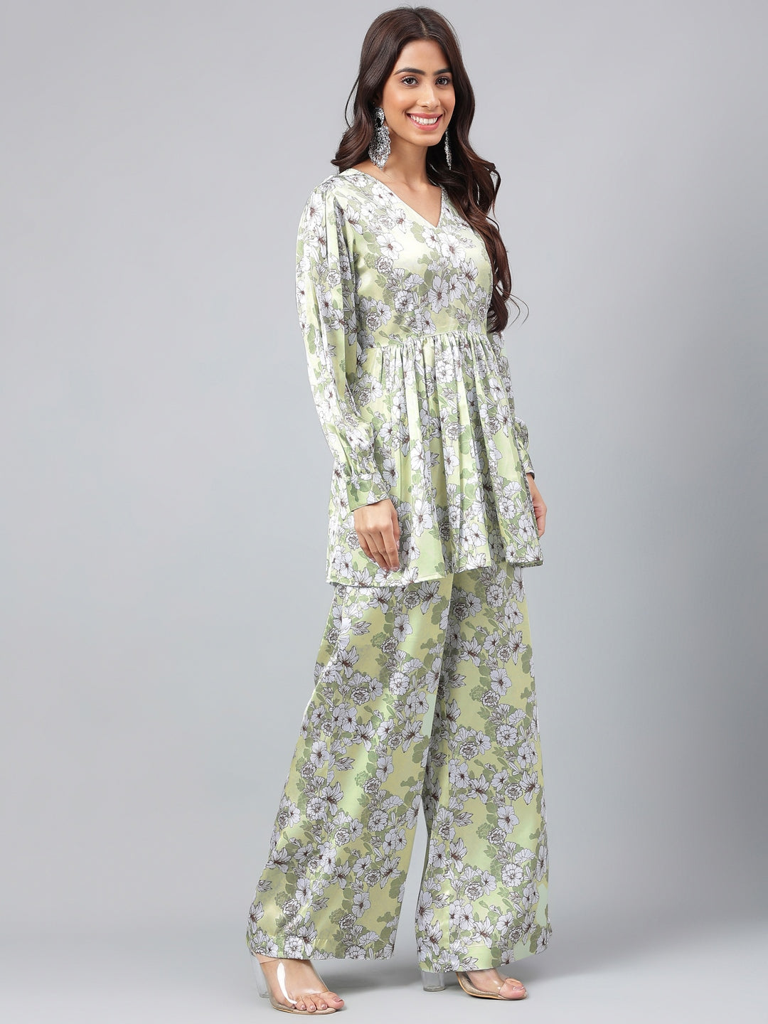 Janasya Women's Sage Green Satin Digital Floral Printed Flared Party Top Set