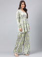 Janasya Women's Sage Green Satin Digital Floral Printed Flared Party Top Set