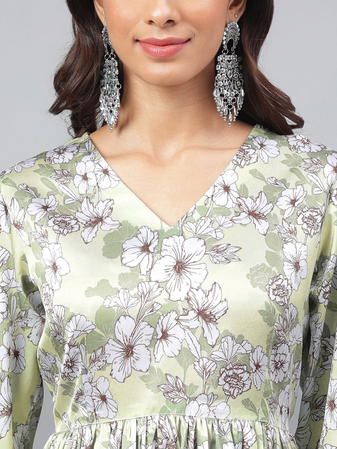 Janasya Women's Sage Green Satin Digital Floral Printed Flared Party Top Set