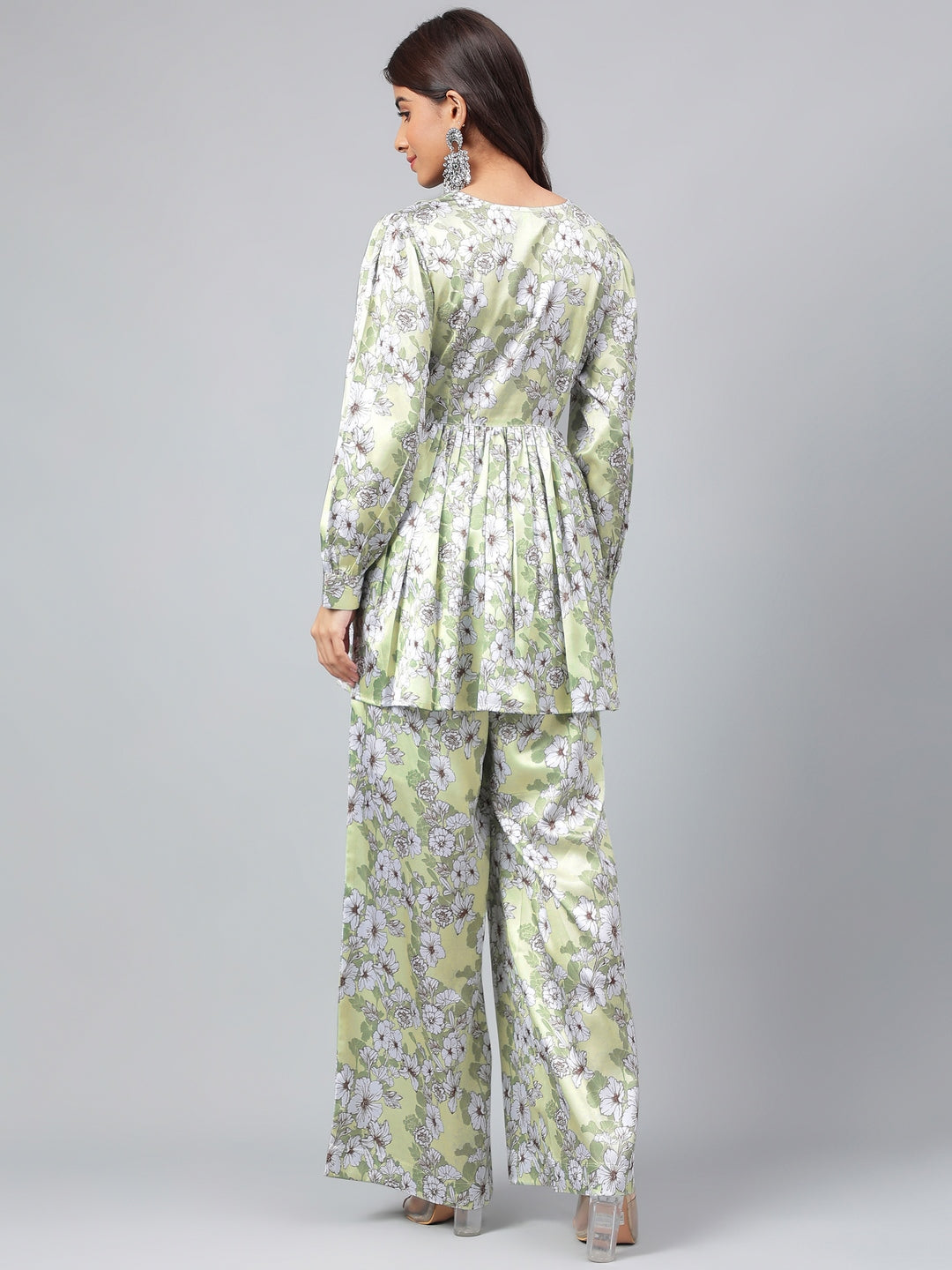 Janasya Women's Sage Green Satin Digital Floral Printed Flared Party Top Set