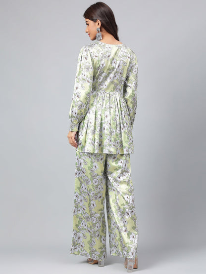 Janasya Women's Sage Green Satin Digital Floral Printed Flared Party Top Set