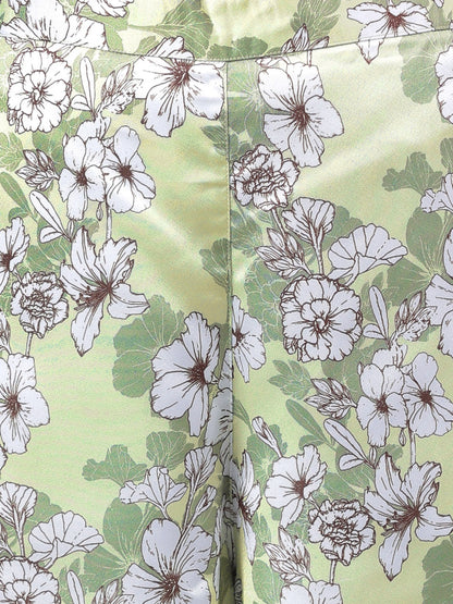 Janasya Women's Sage Green Satin Digital Floral Printed Flared Party Top Set