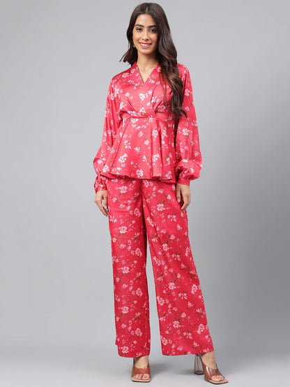 Janasya Women's Red Satin Digital Floral Printed Peplum Party Top Set