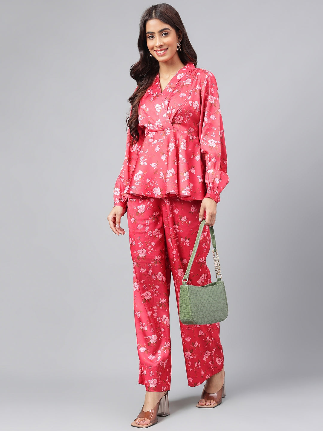 Janasya Women's Red Satin Digital Floral Printed Peplum Party Top Set