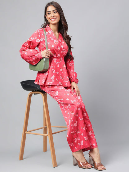 Janasya Women's Red Satin Digital Floral Printed Peplum Party Top Set