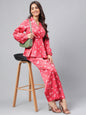 Janasya Women's Red Satin Digital Floral Printed Peplum Party Top Set