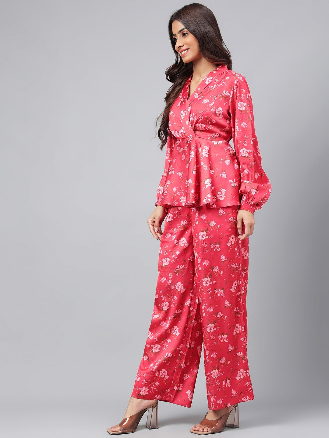 Janasya Women's Red Satin Digital Floral Printed Peplum Party Top Set