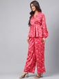 Janasya Women's Red Satin Digital Floral Printed Peplum Party Top Set