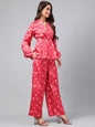 Janasya Women's Red Satin Digital Floral Printed Peplum Party Top Set
