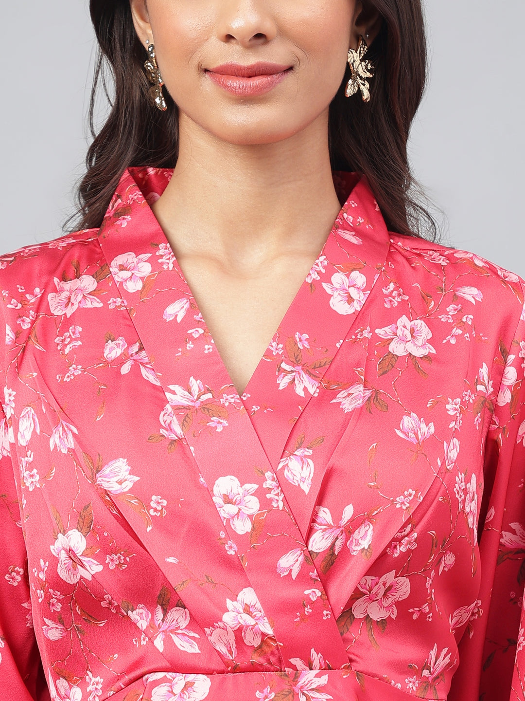 Janasya Women's Red Satin Digital Floral Printed Peplum Party Top Set