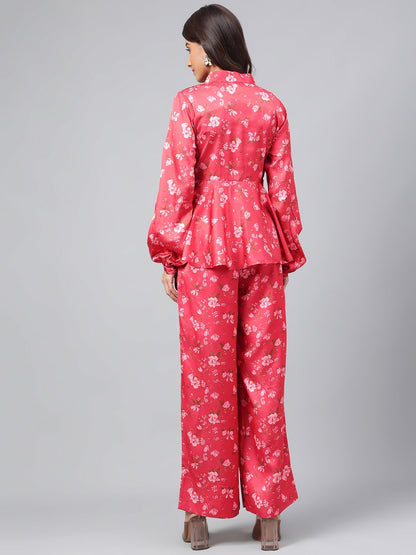 Janasya Women's Red Satin Digital Floral Printed Peplum Party Top Set