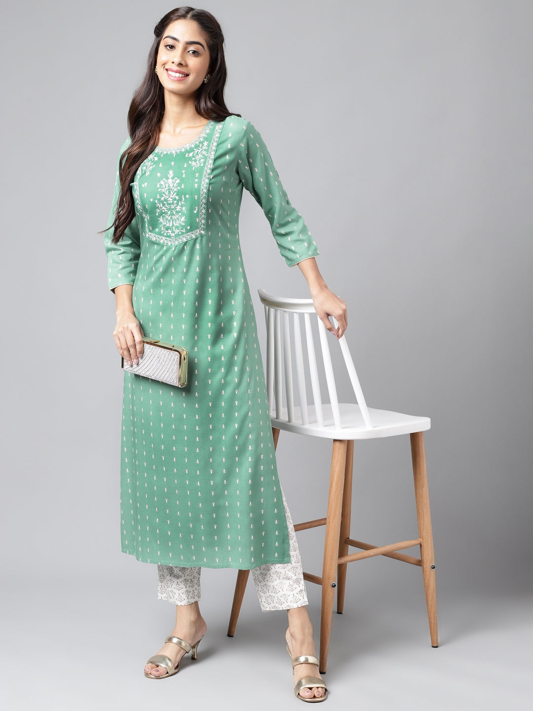 Janasya Women's Green Rayon Yoke Embroidered Straight Casual Kurta Set