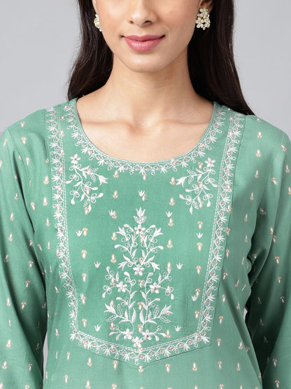 Janasya Women's Green Rayon Yoke Embroidered Straight Casual Kurta Set
