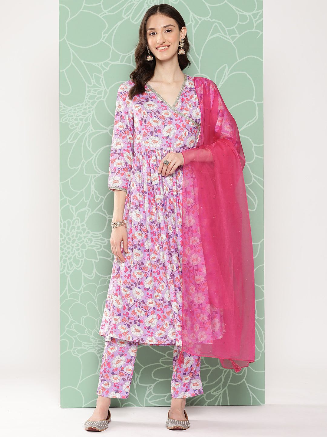 Janasya Women's Lavender Moss Digital Floral Printed Angrakha Festive Kurta Set