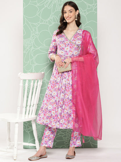 Janasya Women's Lavender Moss Digital Floral Printed Angrakha Festive Kurta Set