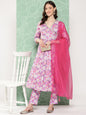 Janasya Women's Lavender Moss Digital Floral Printed Angrakha Festive Kurta Set