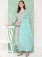Janasya Women's Aqua Blue Moss Digital Floral Printed Gathered Festive Kurta Set