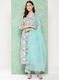 Janasya Women's Aqua Blue Moss Digital Floral Printed Gathered Festive Kurta Set