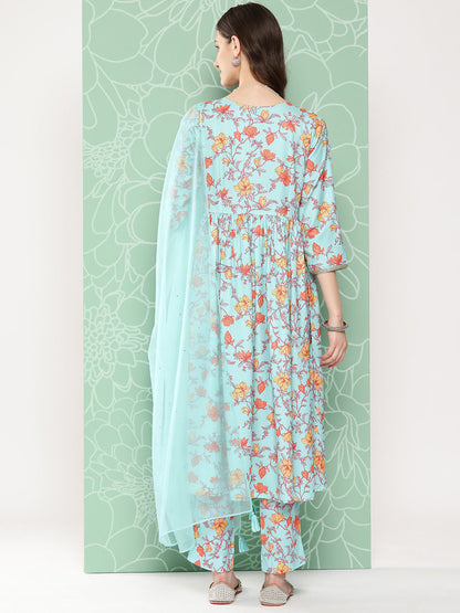 Janasya Women's Aqua Blue Moss Digital Floral Printed Gathered Festive Kurta Set