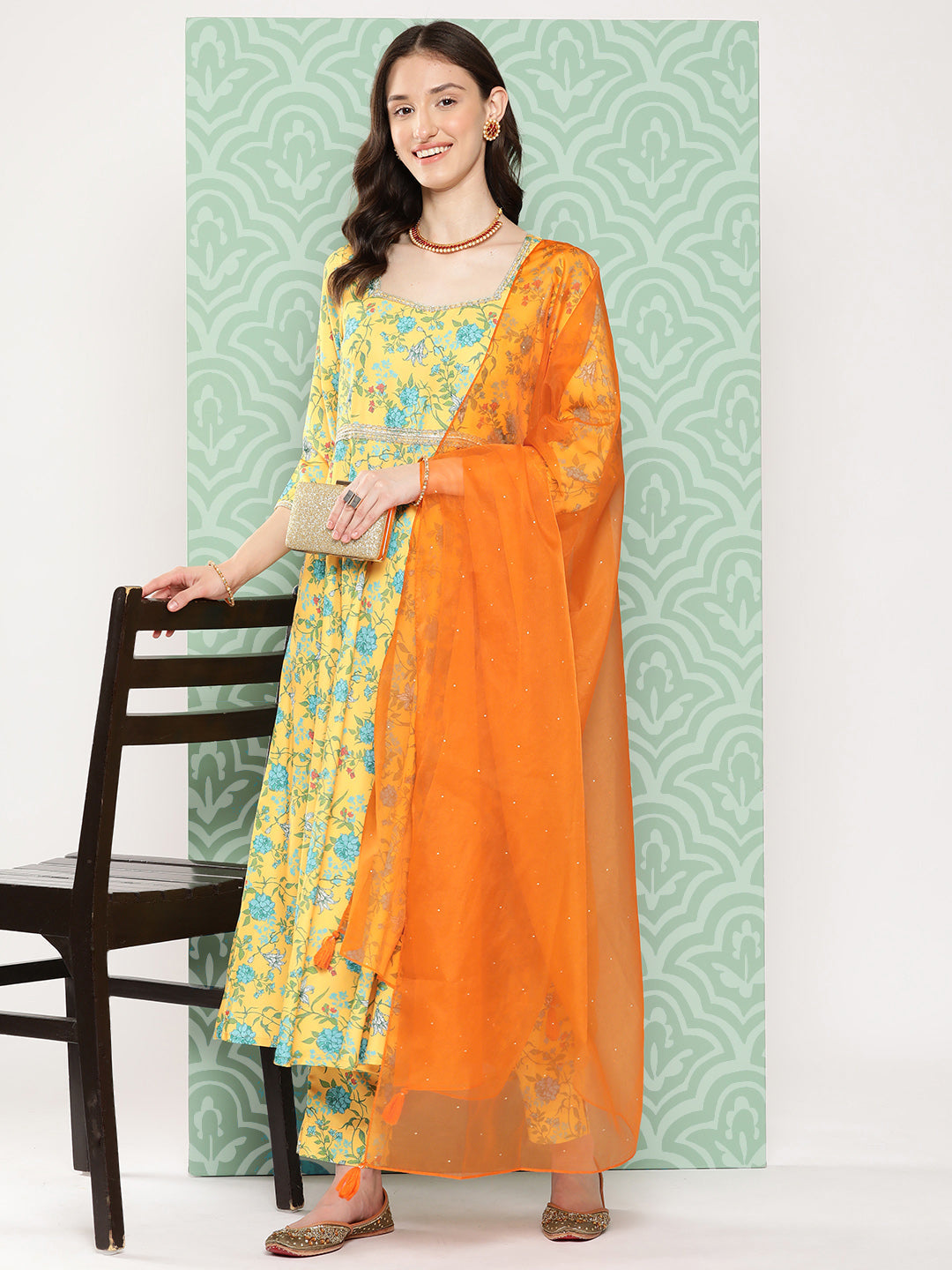 Janasya Women's Yellow Moss Digital Floral Printed Flared Festive Kurta Set