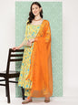 Janasya Women's Yellow Moss Digital Floral Printed Flared Festive Kurta Set