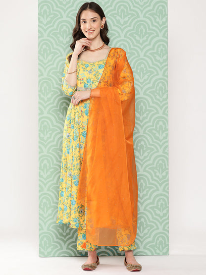 Janasya Women's Yellow Moss Digital Floral Printed Flared Festive Kurta Set