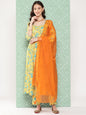 Janasya Women's Yellow Moss Digital Floral Printed Flared Festive Kurta Set