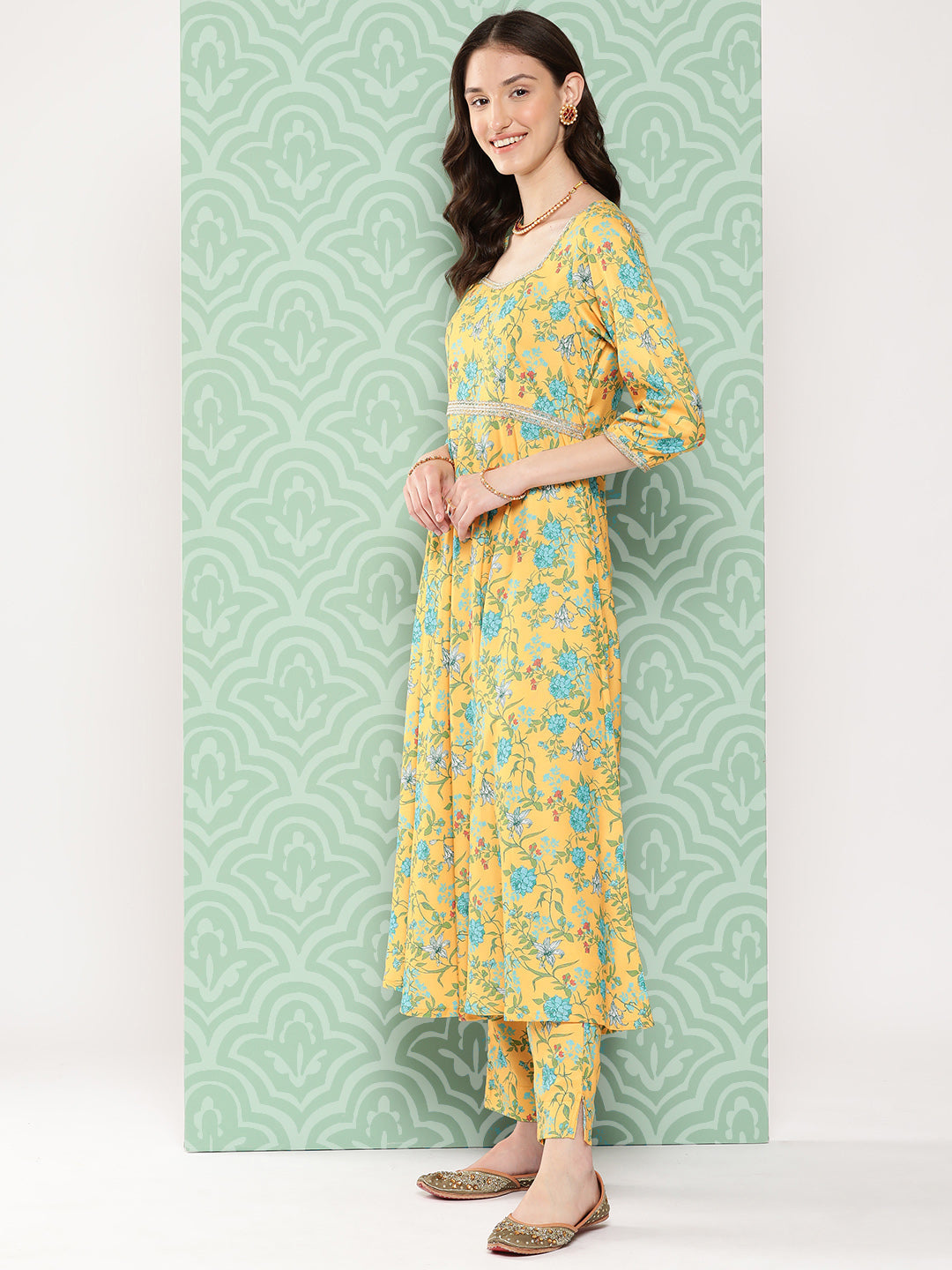 Janasya Women's Yellow Moss Digital Floral Printed Flared Festive Kurta Set