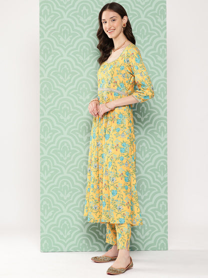 Janasya Women's Yellow Moss Digital Floral Printed Flared Festive Kurta Set
