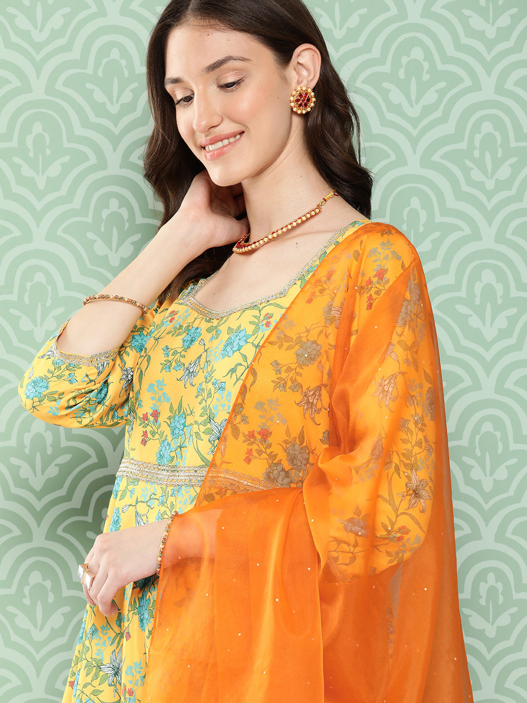Janasya Women's Yellow Moss Digital Floral Printed Flared Festive Kurta Set
