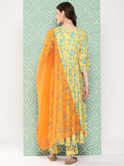 Janasya Women's Yellow Moss Digital Floral Printed Flared Festive Kurta Set