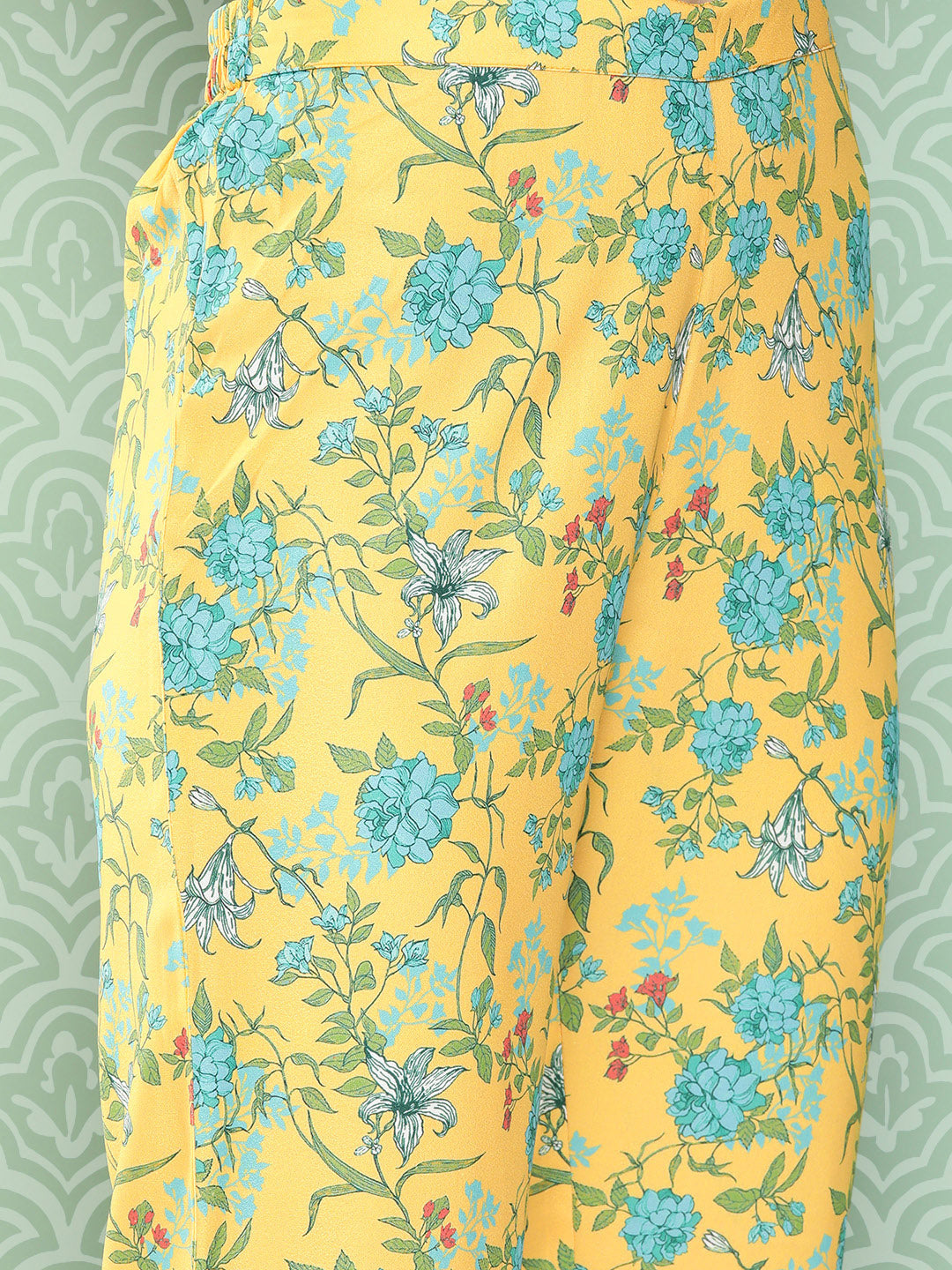 Janasya Women's Yellow Moss Digital Floral Printed Flared Festive Kurta Set