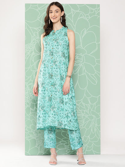 Janasya Women's Aqua Blue Moss Digital Floral Printed Straight Festive Kurta Set