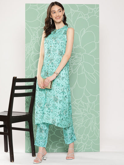 Janasya Women's Aqua Blue Moss Digital Floral Printed Straight Festive Kurta Set