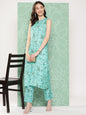 Janasya Women's Aqua Blue Moss Digital Floral Printed Straight Festive Kurta Set