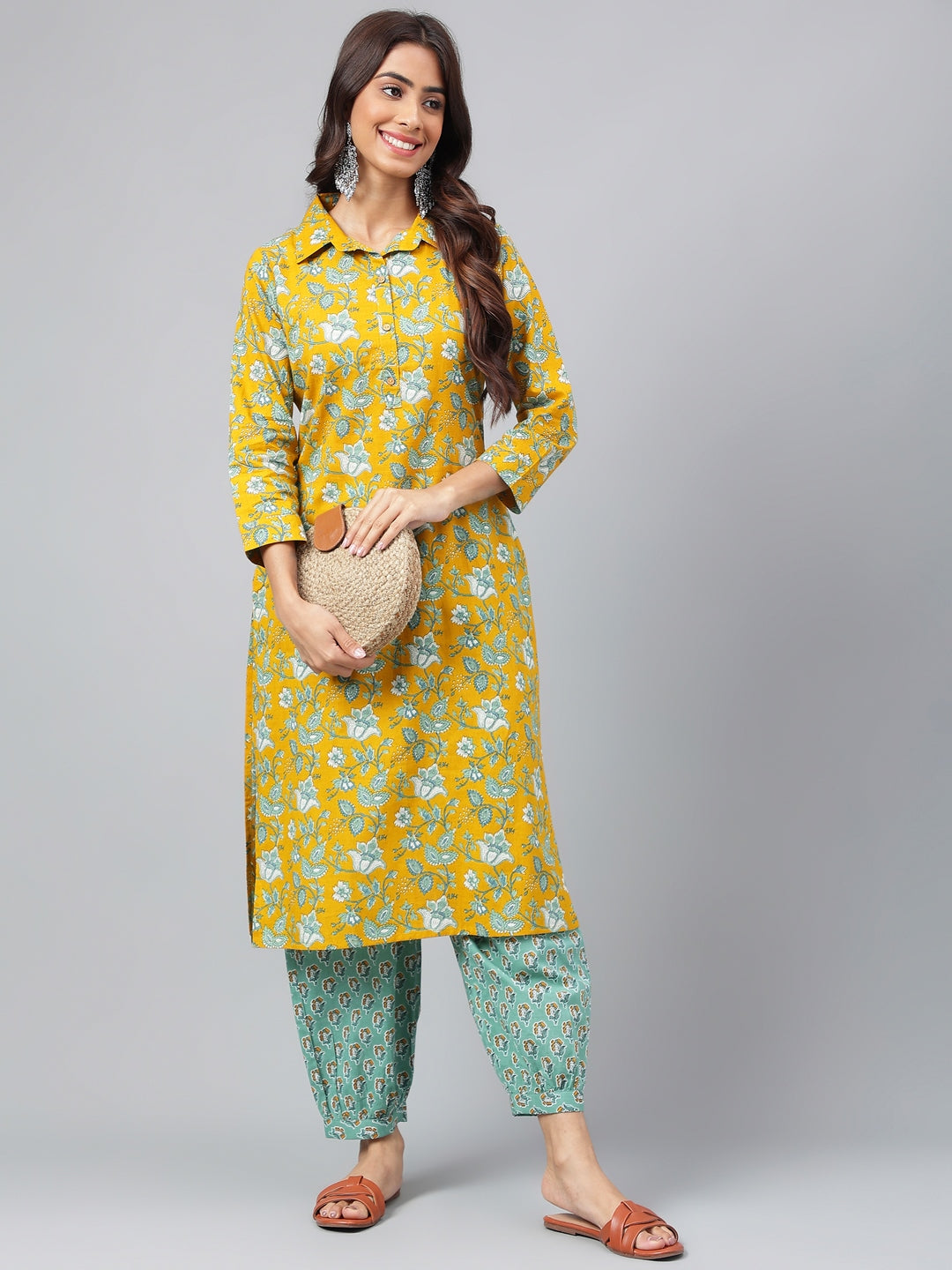 Janasya Women's Mustard Cotton Cambric Floral Printed Straight Casual Kurta Set