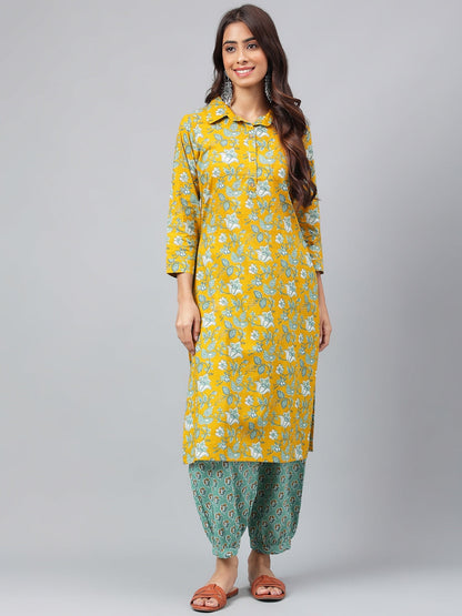 Janasya Women's Mustard Cotton Cambric Floral Printed Straight Casual Kurta Set