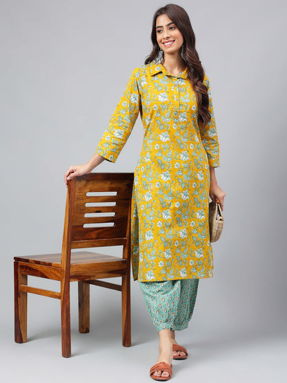 Janasya Women's Mustard Cotton Cambric Floral Printed Straight Casual Kurta Set