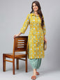 Janasya Women's Mustard Cotton Cambric Floral Printed Straight Casual Kurta Set