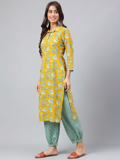 Janasya Women's Mustard Cotton Cambric Floral Printed Straight Casual Kurta Set
