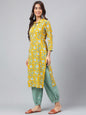 Janasya Women's Mustard Cotton Cambric Floral Printed Straight Casual Kurta Set