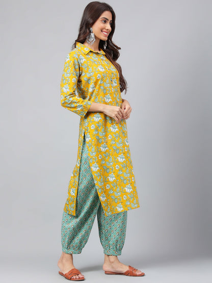 Janasya Women's Mustard Cotton Cambric Floral Printed Straight Casual Kurta Set