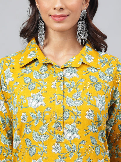 Janasya Women's Mustard Cotton Cambric Floral Printed Straight Casual Kurta Set