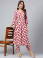 Janasya Women's Maroon Cotton Floral Printed Gathered Casual Kurta Set