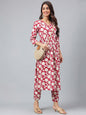 Janasya Women's Maroon Cotton Floral Printed Gathered Casual Kurta Set