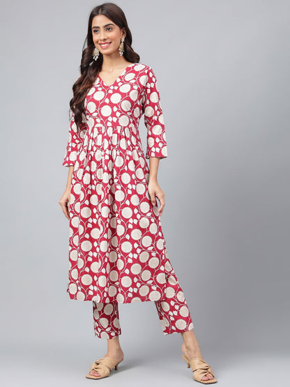 Janasya Women's Maroon Cotton Floral Printed Gathered Casual Kurta Set